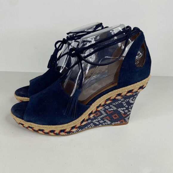 CAbi Isla Espadrille Ankle Wrap Tassel Bohemian Wedge Sandals Navy Blue Size 9 - Picture 4 of 8